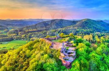 Aerial view of Lindelbrunn Castle in the Palatinate Forest. Rhineland-Palatinate, Germany