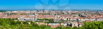 Panoramic view of Lyon from the Fourviere hill. Auvergne-Rhone-Alpes, France