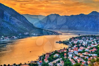 The Town and the Bay of Kotor at sunset. Montenegro - Balkans, Europe