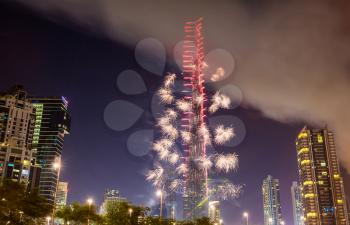 DUBAI, UAE - JANUARY 1: Fireworks from Burj Khalifa on New Year's Eve, January 1, 2016. Burj Khalifa is the tallest structure in the world (828 m)