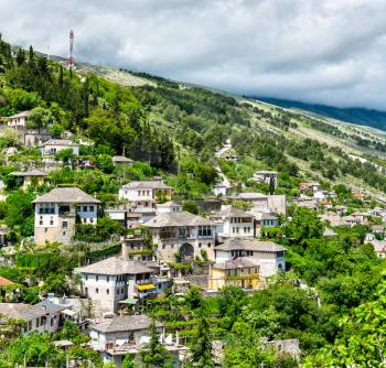 Aerial view of Gjirokaster town. UNESCO world heritage in Albania