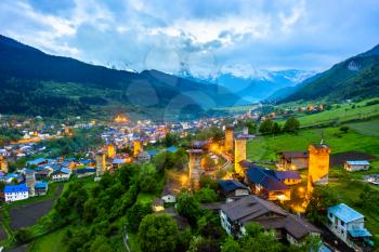 Aerial view of Mestia village with typical tower houses. Upper Svaneti, Georgia