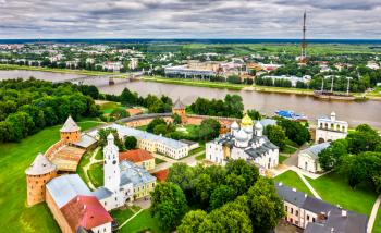 Aerial view of Velikiy Novgorod Kremlin in Russia