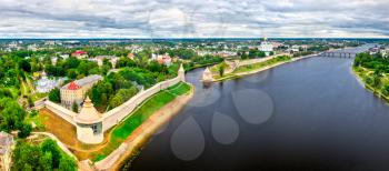 Aerial view of the Pskov Krom with the Velikaya River in Russia