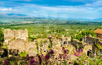 Ruins of the medieval Byzantine fortified town of Mystras. UNESCO world heritage in Greece