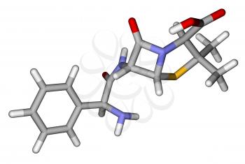 Optimized molecular structure of antibiotic ampicillin on a white background