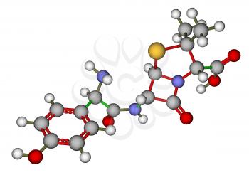 Optimized molecular structure of antibiotic amoxicillin on a white background