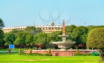 Fountain in front of the Sansad Bhawan, the Parliament House of India in New Delhi