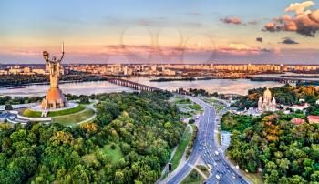 Aerial view of the Motherland Monument and a church in Kiev, the capital of Ukraine