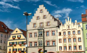 Buildings on Arnulfsplatz Square in the Old Town of Regensburg, Germany. UNESCO world heritage site