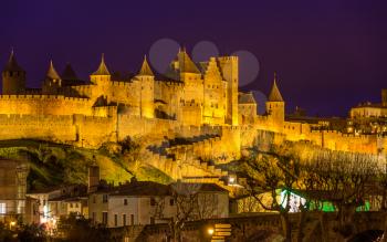 Night view of Carcassonne fortress - France, Languedoc-Roussillon