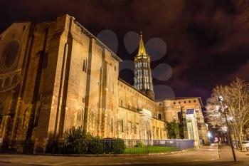 Basilica of St. Sernin by night in Toulouse, France