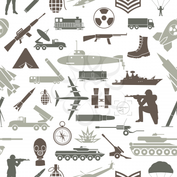 Military background. Seamless pattern. Military elements, armored vehicles. Vector illustration