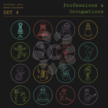 Professions and occupations outline icon set. Culture, art, show business. Flat linear design. Vector illustration