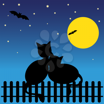 Blach silhouette cats against moon. Vector illustration