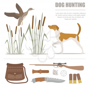 Hunting icon set. Dog hunting, equipment. Flat style. Vector illustration