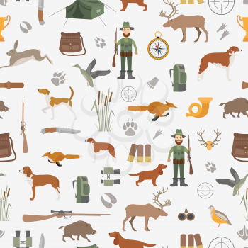 Hunting seamless pattern. Dog hunting, equipment. Flat style. Vector illustration