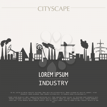 Cityscape graphic template. Industry city buildings. Vector illustration with different industrial buildings. City constructor. Template with place for text. Colour version