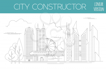 Great city map creator. Outline version. House constructor. House, cafe, restaurant, shop, infrastructure, industrial, transport, village and countryside. Make your perfect city. Vector illustration