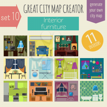 Great city map creator. House constructor.Interiors, furniture. Make your perfect city. Vector illustration