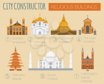 Big set City generator. House constructor. Religious buildings. Make your perfect city. Vector illustration