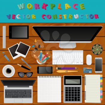 Digital art and graphic design. Working place in flat design. Constructor of your own work space. Vector illustration
