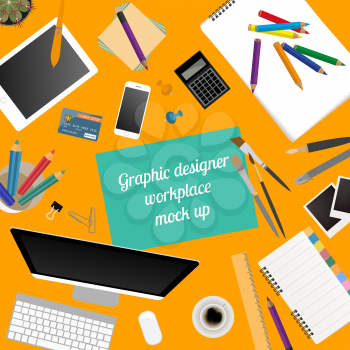 Workspace of the graphic designer. Mock up for creating your own modern creative office desktop workshop style. Flat design vector mock up. Vector illustration