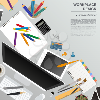 Workspace of the graphic designer. Mock up for creating your own modern creative office desktop workshop style. Flat design vector mock up. Vector illustration