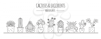 Cactuses and succulents icon set. Houseplants. Thin line design. Vector illustration