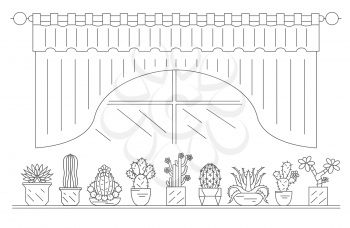 Cactuses and succulents icon set. Houseplants. Thin line design. Vector illustration