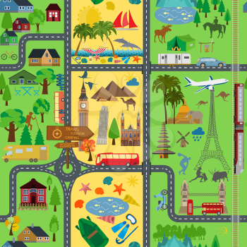 Travel background. Vacations. Beach resort, camping, excursion and landmarks seamless pattern. Vector illustrations
