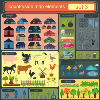 Contryside map elements for generating your own infographics, maps. Vector illustration