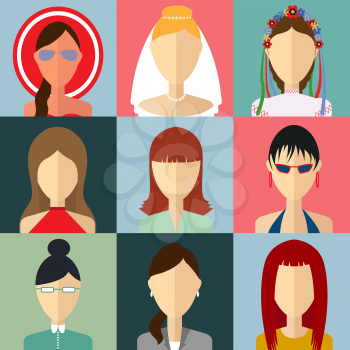 Set of flat style female characters. Flat vector icons