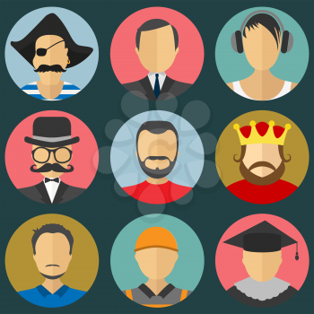 Set of flat style male characters. Flat vector icons