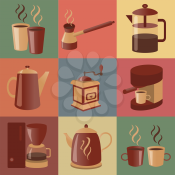 Equipment for making coffee, icons set. Vector illustration