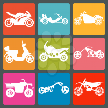 Set of nine icons of motorbikes. Vector illustration