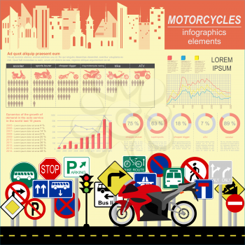 Set of motorcycles elements, transportation infographics.  Vector illustration