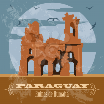 Paraguay landmarks. Ruinas de Humaita. Jesuit of Jesus ruins. Retro styled image. Vector illustration