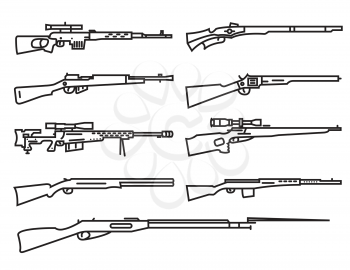 Firearm set. Gun, rifle, carbine. Flat design. Outline linear version. Vector illustration
