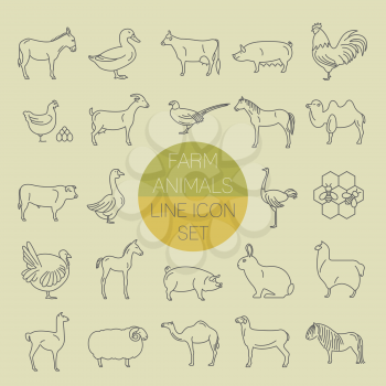 Farm animal thin line collection. 25 icon set. Flat design. Vector illustration