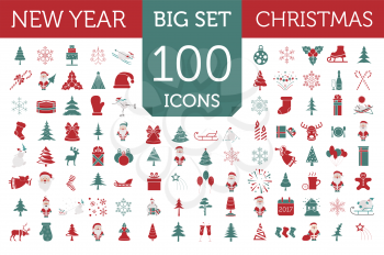 Christmas, New Year holidays icon big set. Red and green colours. Flat style collection. Vector illustration