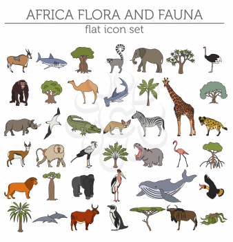 Flat Africa flora and fauna map constructor elements. Animals, birds and sea life isolated on white big set. Build your own geography infographics collection. Vector illustration