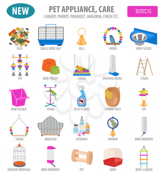 Pet appliance icon set flat style isolated on white. Birds care collection. Create own infographic about parrot, parakeet, canary, thrush, finch, jay bird, starling, amadina, siskin,  toucan, bunting.