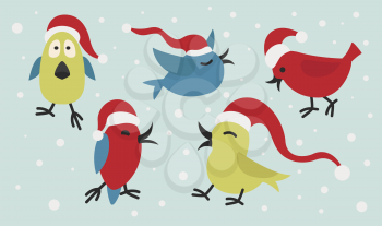 Cute funny santa claus birds sticker icon set. Elements for christmas greeting card, poster design. Vector illustration