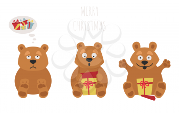 Cute brown bear sticker set. Elements for christmas holiday greeting card, poster design. Vector illustration