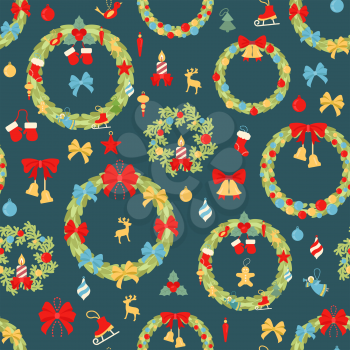 Christmas wreath seamless pattern. Decoration elements set for  holiday greeting card, poster design. Vector illustration