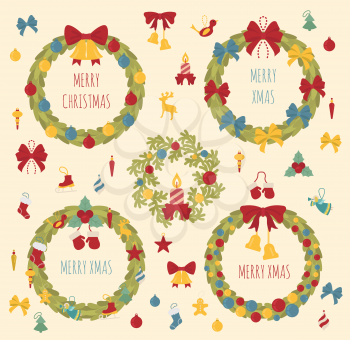 Christmas wreath, decoration elements set for  holiday greeting card, poster design. Vector illustration