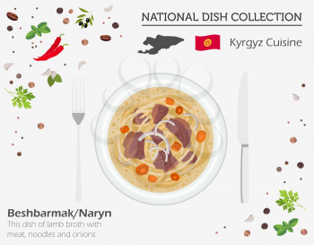 Kyrgyzstan Cuisine. Asian national dish collection. Beshbarmak isolated on white, infograpic. Vector illustration

