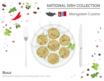 Mongolian Cuisine. Asian national dish collection. Buuz isolated on white, infograpic. Vector illustration
