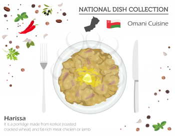 Omani Cuisine. Middle East national dish collection. Harissa isolated on white, infograpic. Vector illustration
